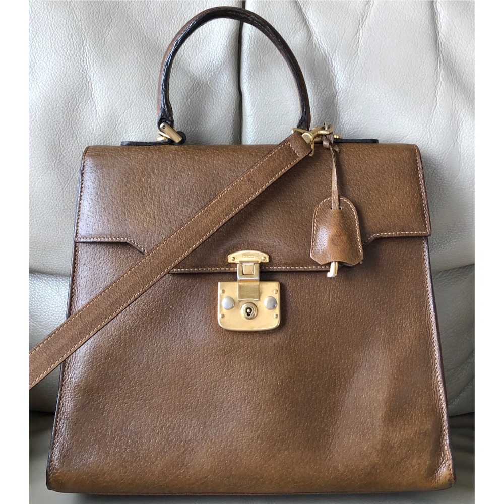 Authenticated Rare Vintage Gucci Kelly Key Lock Brown Leather Shoulder Bag, COA